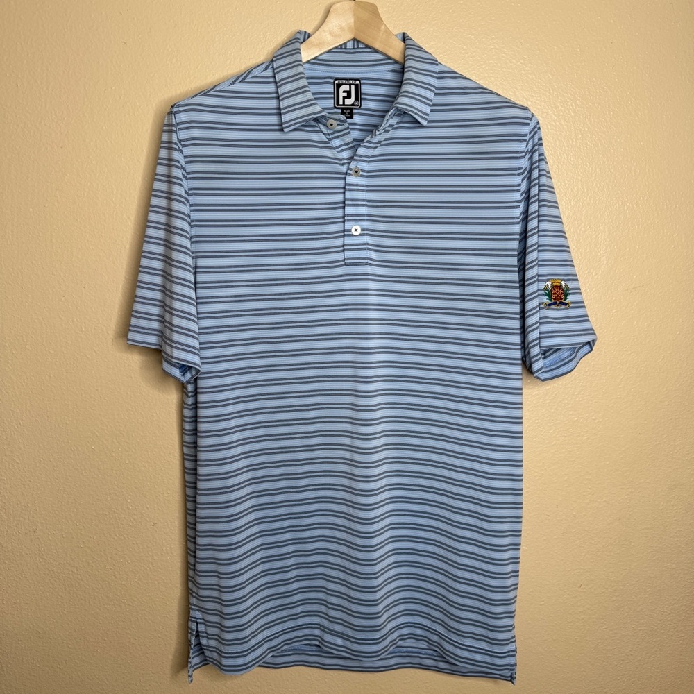 FootJoy Shirt Men's Medium Blue Striped Polo Athletic Fit Golf Performance